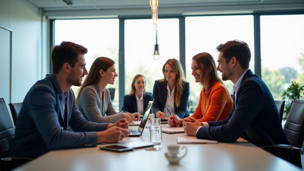 Diverse professionals discussing work in a bright Dutch office